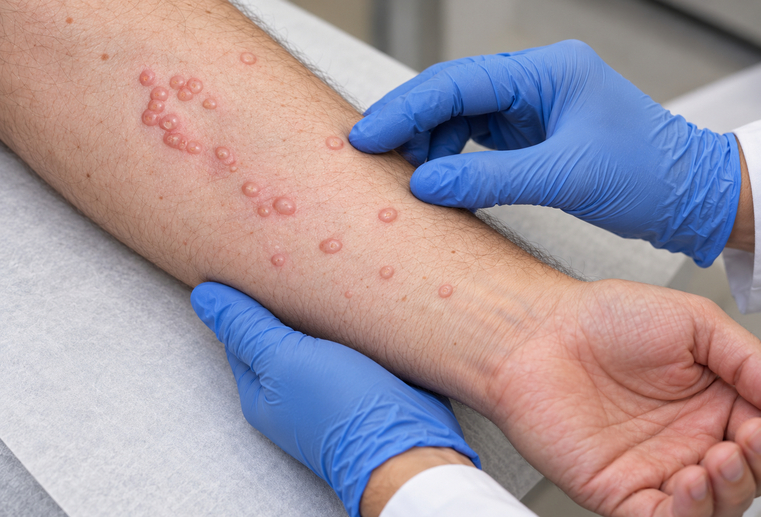 Dermatolog examinând papulele de pe antebrațul unui pacient adult