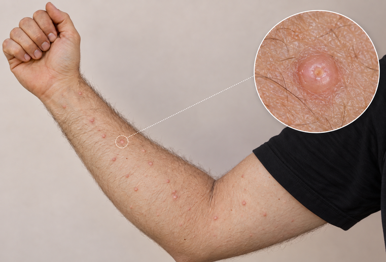 Molluscum contagiosum pe brațul unui adult, cu detaliul unei leziuni mărit în cerc