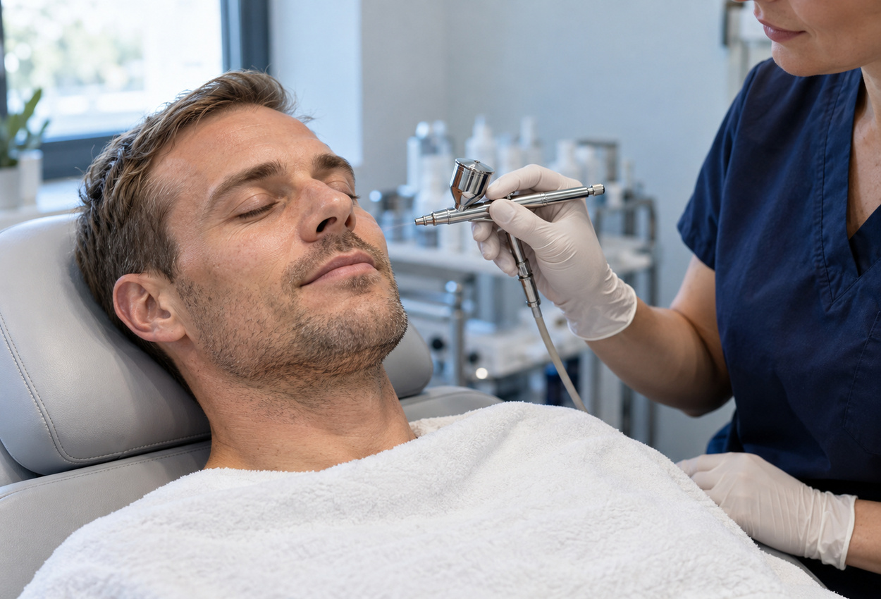 oxigen-hiperbaric-facial-barbat.jpg Bărbat în timpul unui tratament facial cu oxigen hiperbaric.